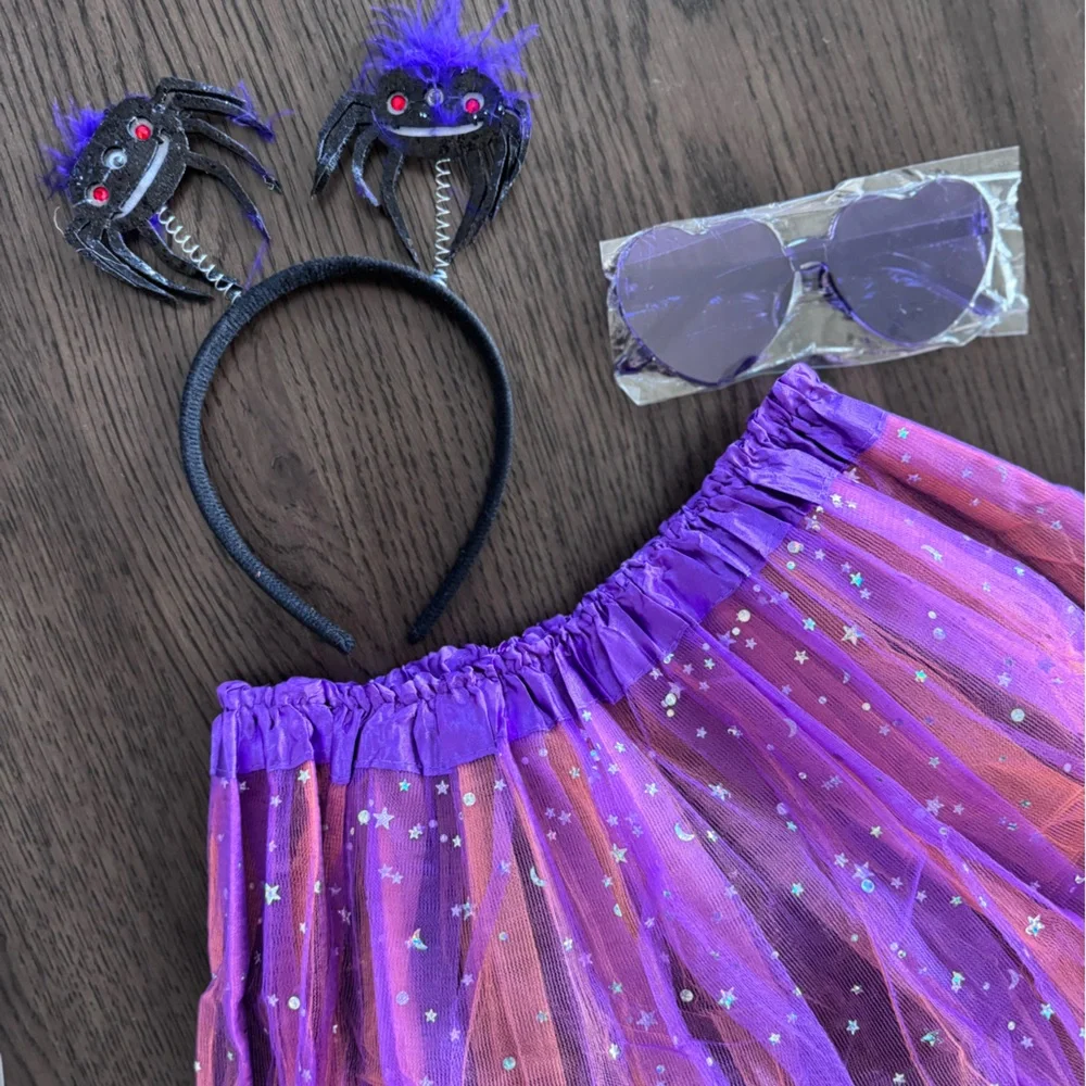 BRAND NEW Purple and Orange Glitter Tutu Set with Spider Headband and Sunglasses